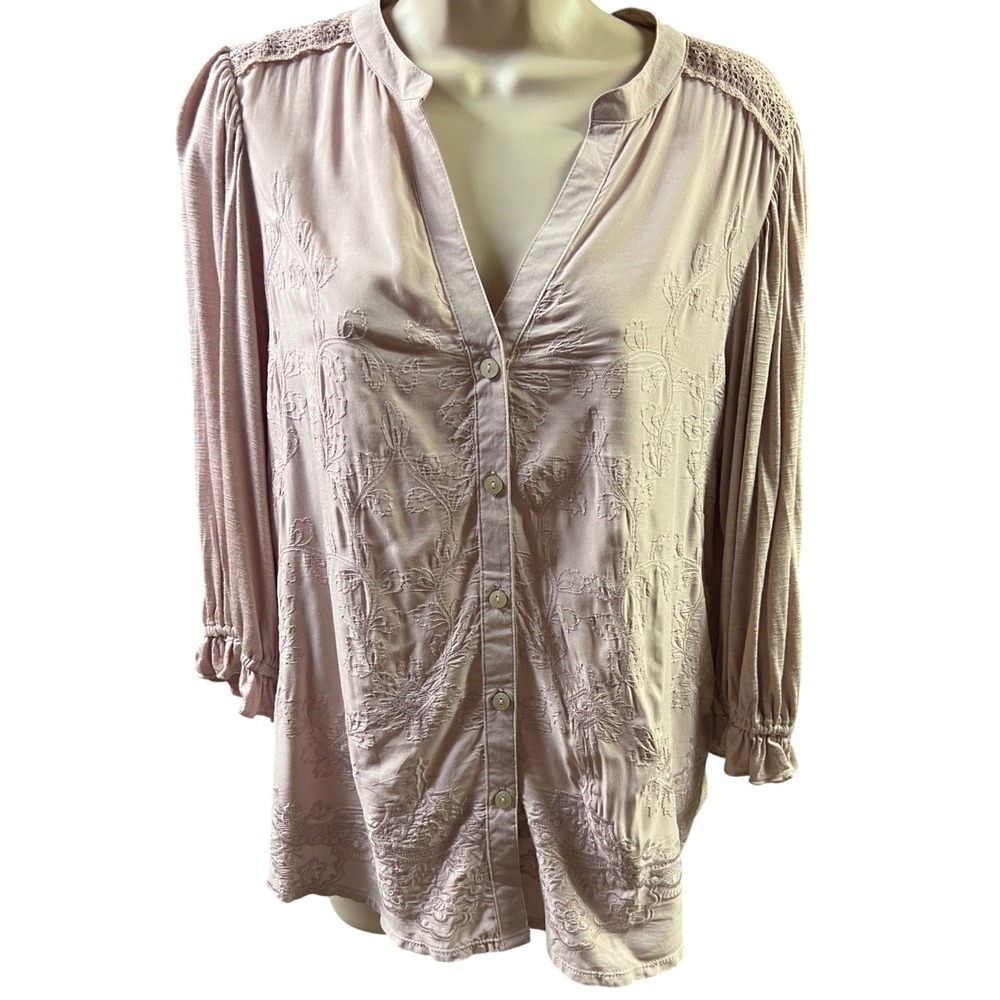 Democracy Embroidered Blouse Womens Medium New Mauve Pink Lace Boho Top